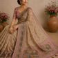 Beige Elephant Print Handwork Linen Saree