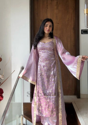 Elegant Organza Silk Embroidered Kurti Palazzo Set with Long Koti for Festive and Wedding Wear