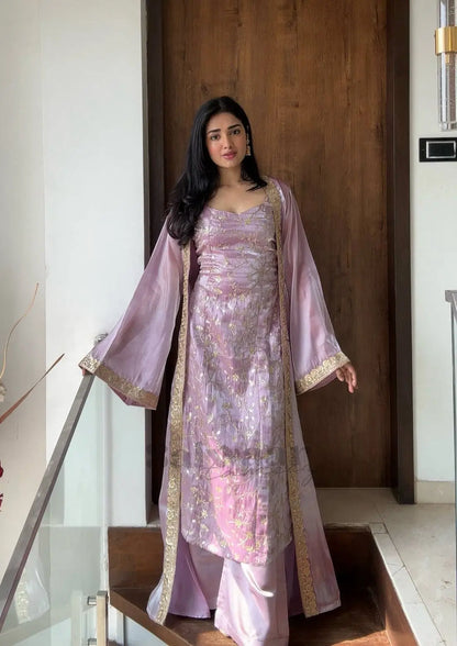 Elegant Organza Silk Embroidered Kurti Palazzo Set with Long Koti for Festive and Wedding Wear