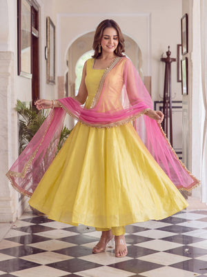 Yellow Pearl Lace Anarkali Gown