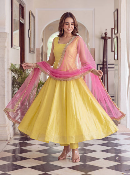 Yellow Pearl Lace Anarkali Gown