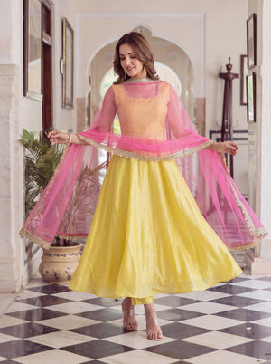 Yellow Pearl Lace Anarkali Gown