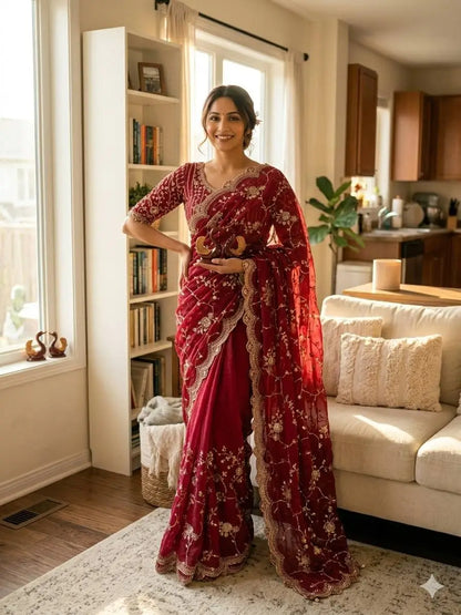 Sequence Embroidered Chiffon Saree with Blouse