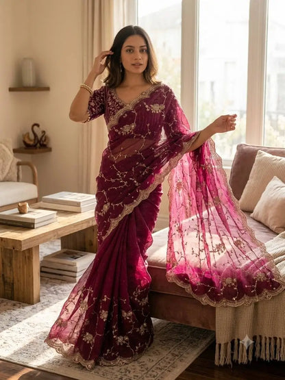 Sequence Embroidered Chiffon Saree with Blouse