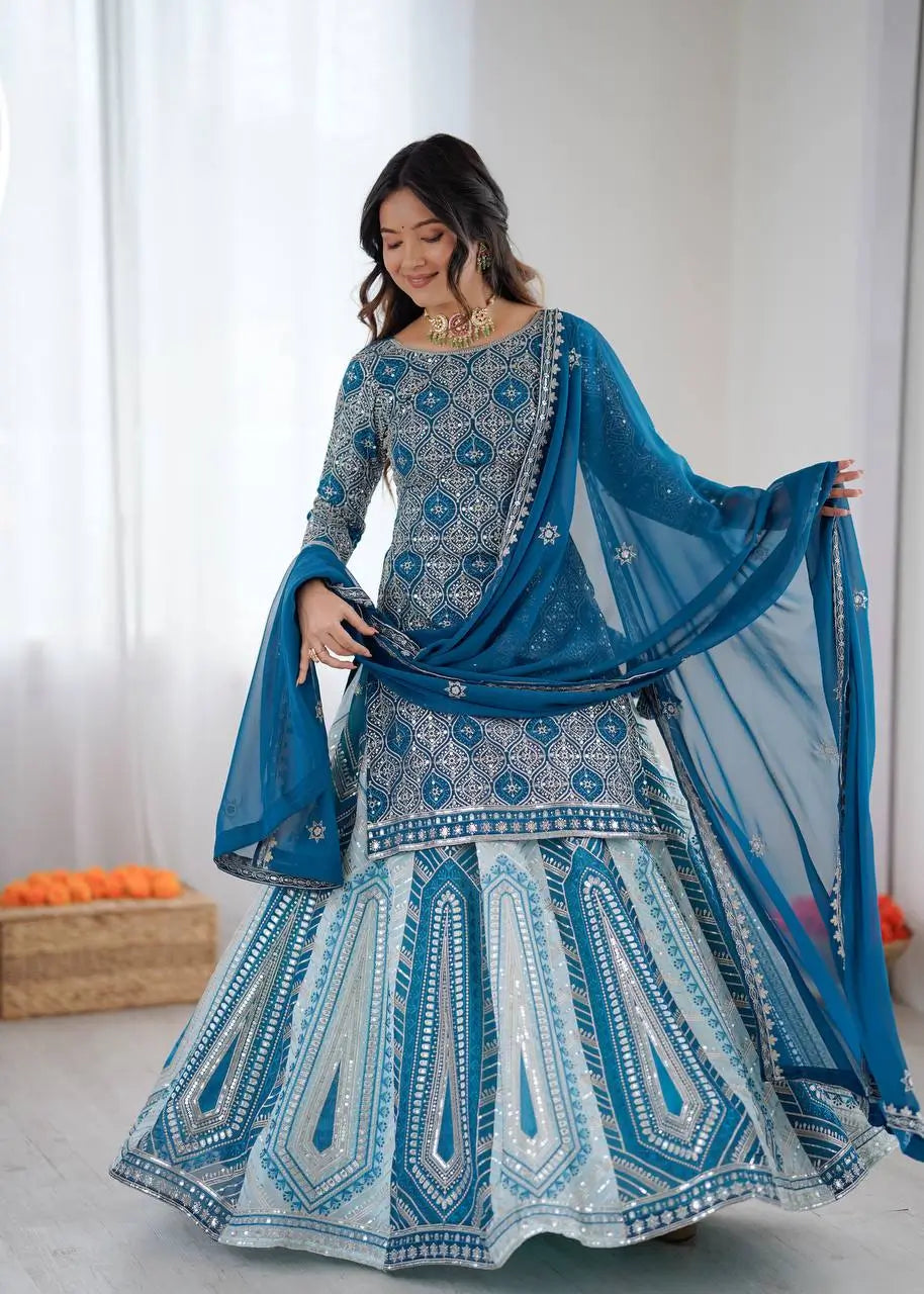 Teal Blue Faux Georgette Thread & Sequence Work Lehenga Set