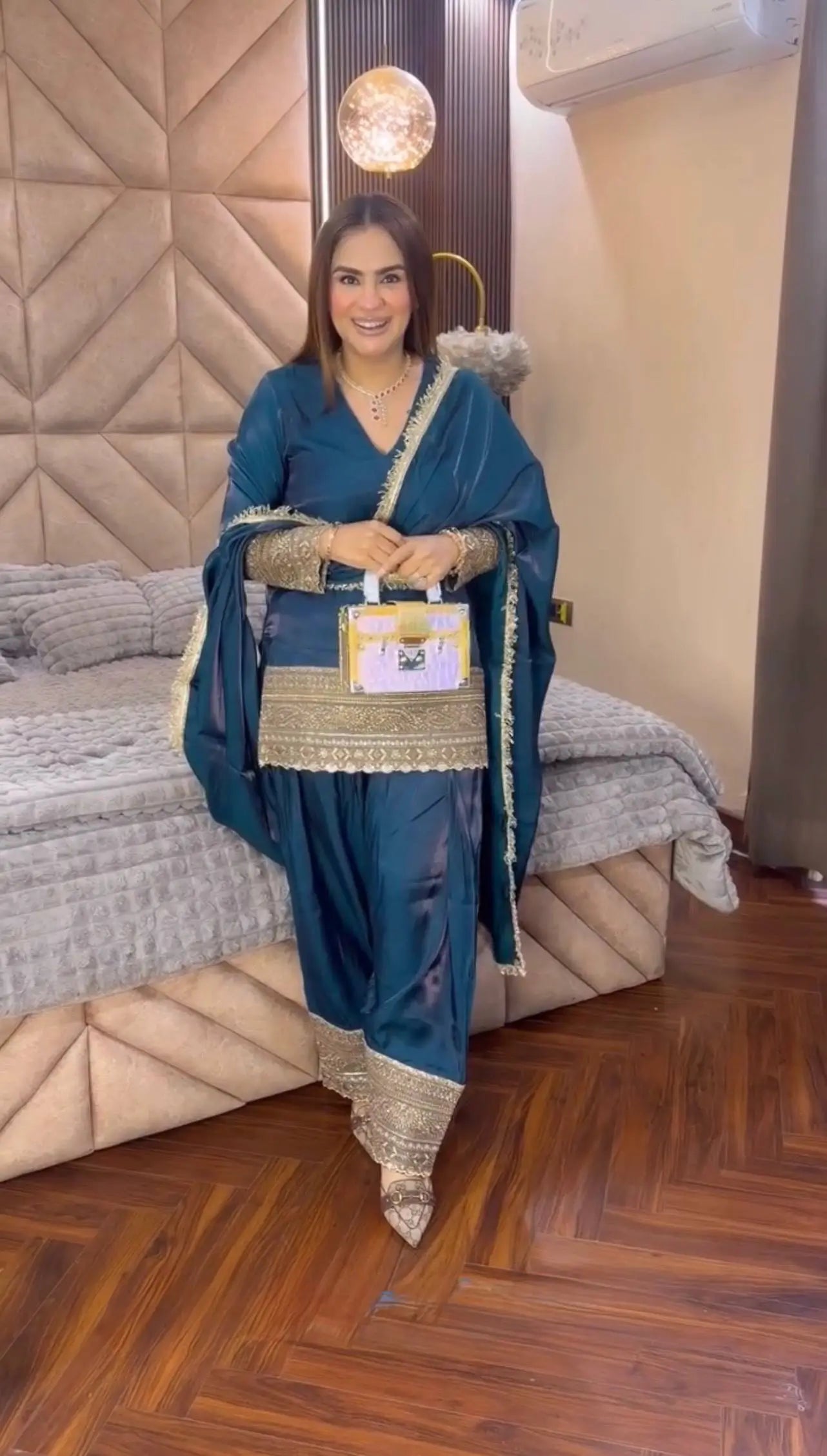 Fendy Silk Embroidered Farshi Pant Suit Set (Available in Teal & Wine)