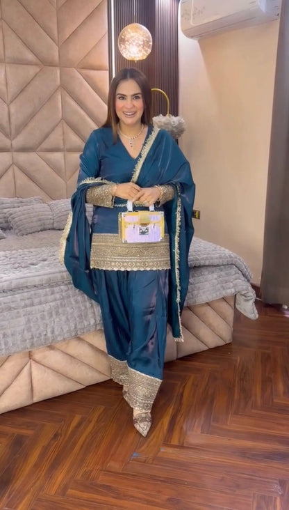 Fendy Silk Embroidered Farshi Pant Suit Set (Available in Teal & Wine)