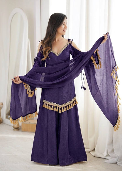 Gold Crepe Kurta Farshi Pant Set with Tassels