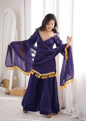 Gold Crepe Kurta Farshi Pant Set with Tassels