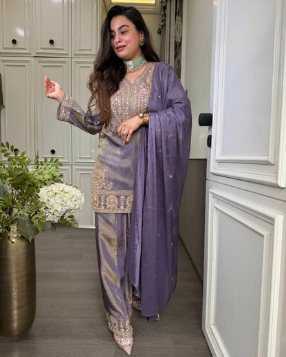 Silk Sequin Embroidered Palazzo Suit