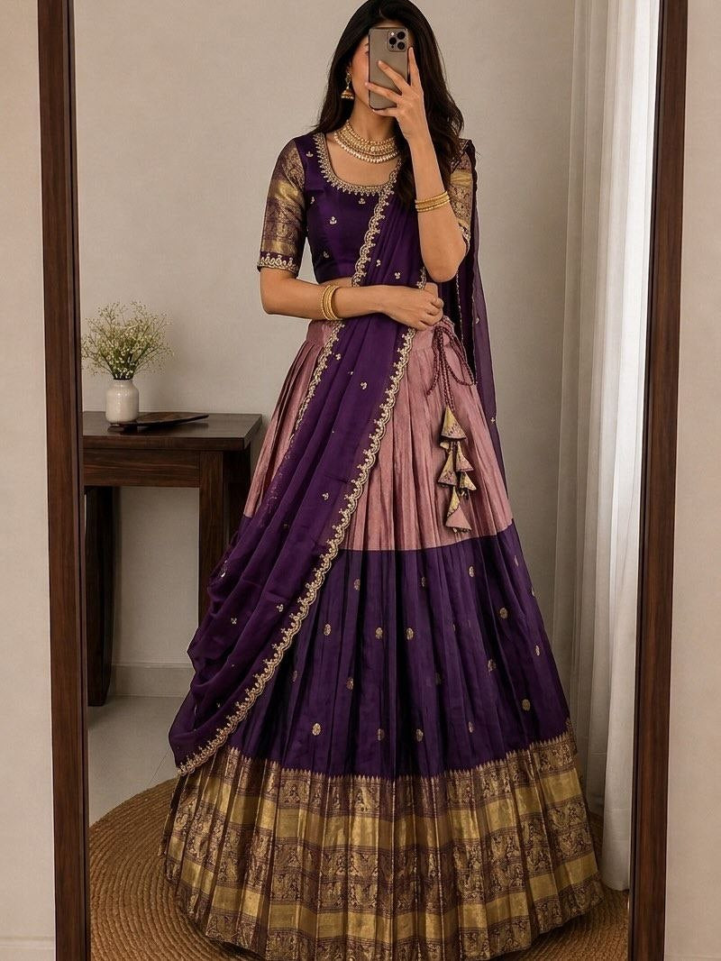 Kanjivaram Maggam Work South Style Half Lehenga Half Saree