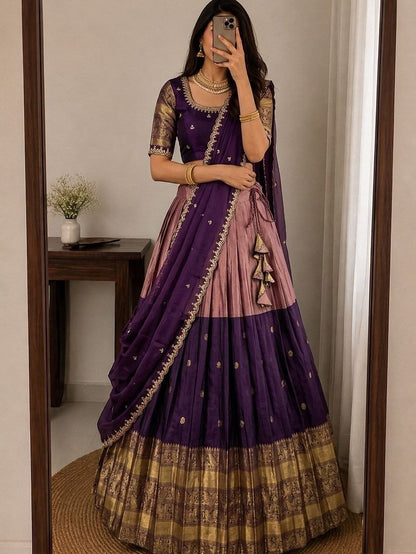 Kanjivaram Maggam Work South Style Half Lehenga Half Saree
