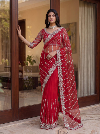 Pearl Sequin Net Saree