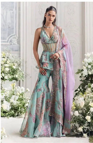 Mint Bloom Designer Georgette Sharara Set for Festive and Party Wear