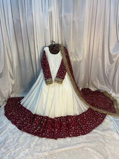 White and Maroon Faux Georgette Designer Maxi Anarkali Suit for Wedding and Festive Wear