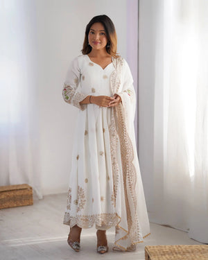 Ivory Chinon Silk Embroidered Festive Gown Set