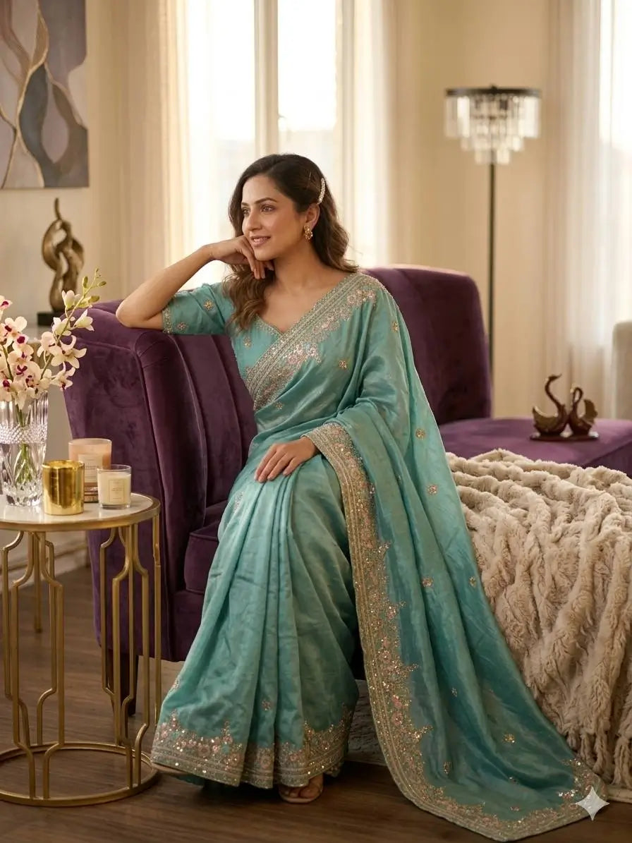 Vichitra Silk Embroidered Saree with Blouse