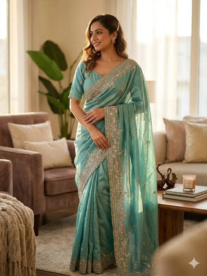 Vichitra Silk Embroidered Saree with Blouse