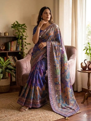 Printed Chinnon Saree with Mirror Zari Work