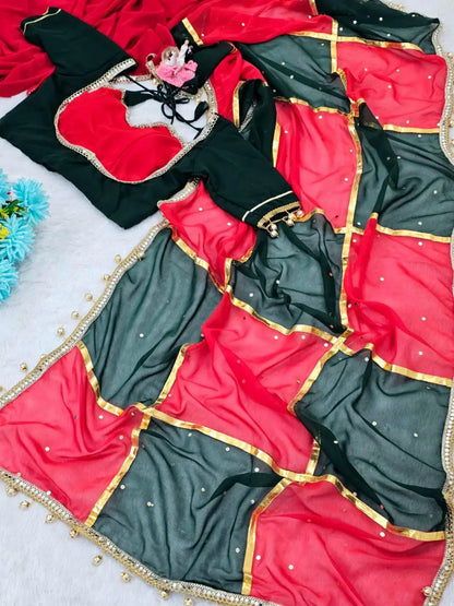 Box Pattern Georgette Saree with Mirror Work and Gotta Lace