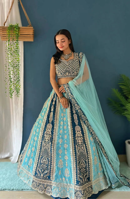 Aqua Blue Faux Georgette Embroidered Lehenga Set for Wedding and Festive Wear