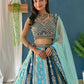 Aqua Blue Faux Georgette Embroidered Lehenga Set for Wedding and Festive Wear