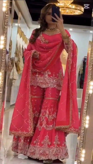 Royal Red Embroidered Sharara Set for Wedding and Festive Wear
