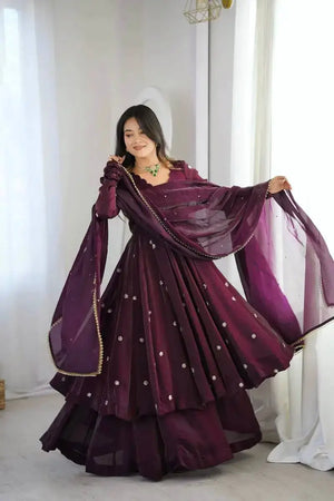 Wine Crunchy Silk Embroidered Gown Set for Festive and Wedding Wear