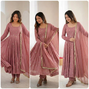 Dusty Rose Roman Silk Anarkali Set for Festive and Wedding Wear