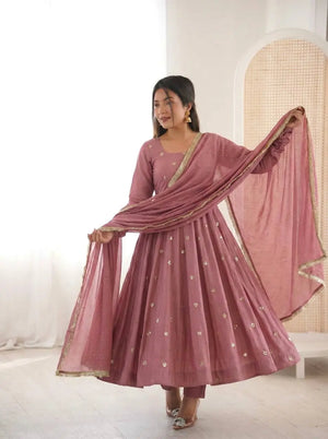 Dusty Rose Roman Silk Anarkali Set for Festive and Wedding Wear