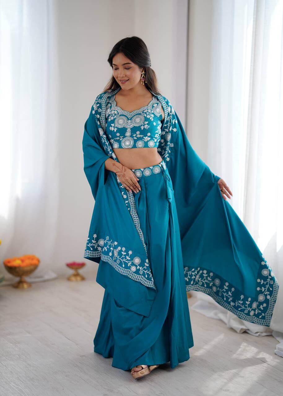 Teal French Crepe Western Dhoti Set for Festive and Party Wear