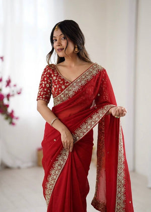 Red Zari Sequin Saree