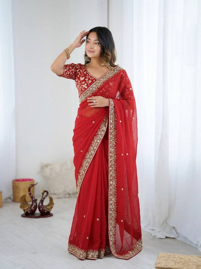 Red Zari Sequin Saree