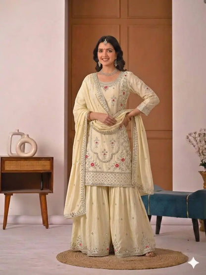 Crepe Silk Mirror Embroidery Sharara Set