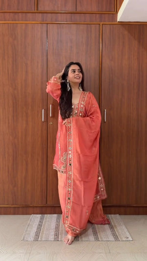 Coral Mirror Work Kurta Set