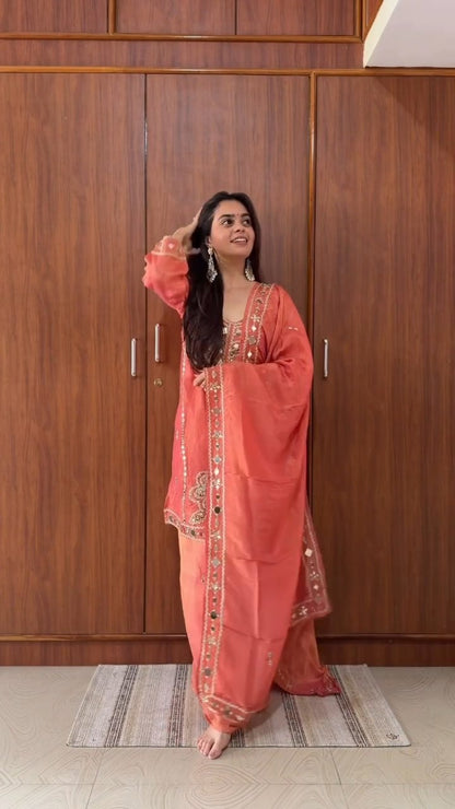 Coral Mirror Work Kurta Set