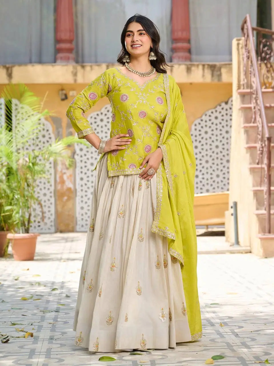 Embroidered Chinon Kurti with Tissue Silk Lehenga Set