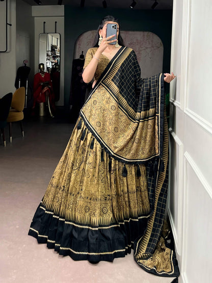 Grey Black Tussar Silk Kalamkari Lehenga Set for Wedding and Festive Wear