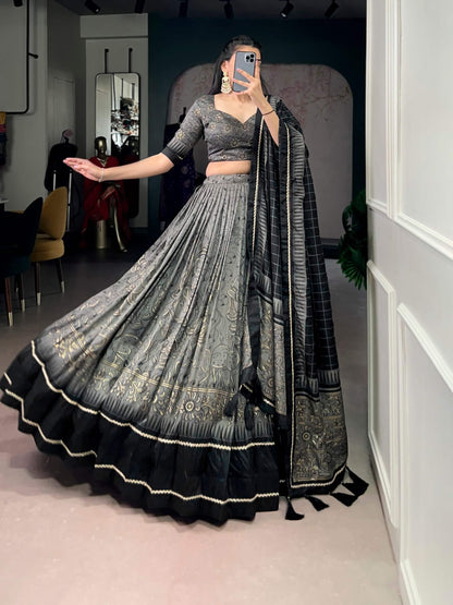 Grey Black Tussar Silk Kalamkari Lehenga Set for Wedding and Festive Wear
