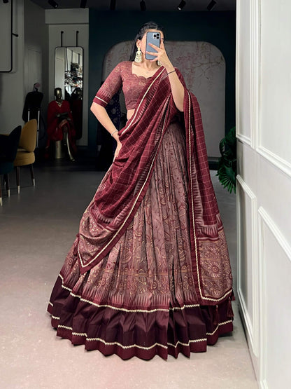 Grey Black Tussar Silk Kalamkari Lehenga Set for Wedding and Festive Wear