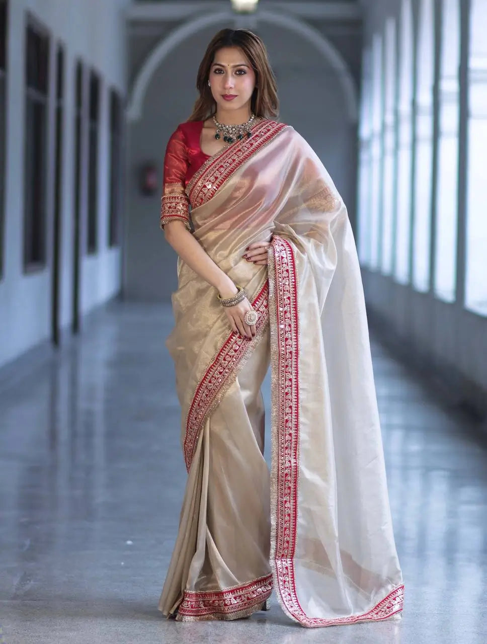 Ivory Twill Net Embroidered Saree for Festive and Wedding Wear
