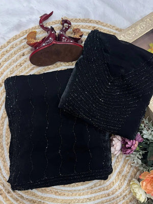 Midnight Black Space Silk Saree with Diamond Work for Party and Reception Wear