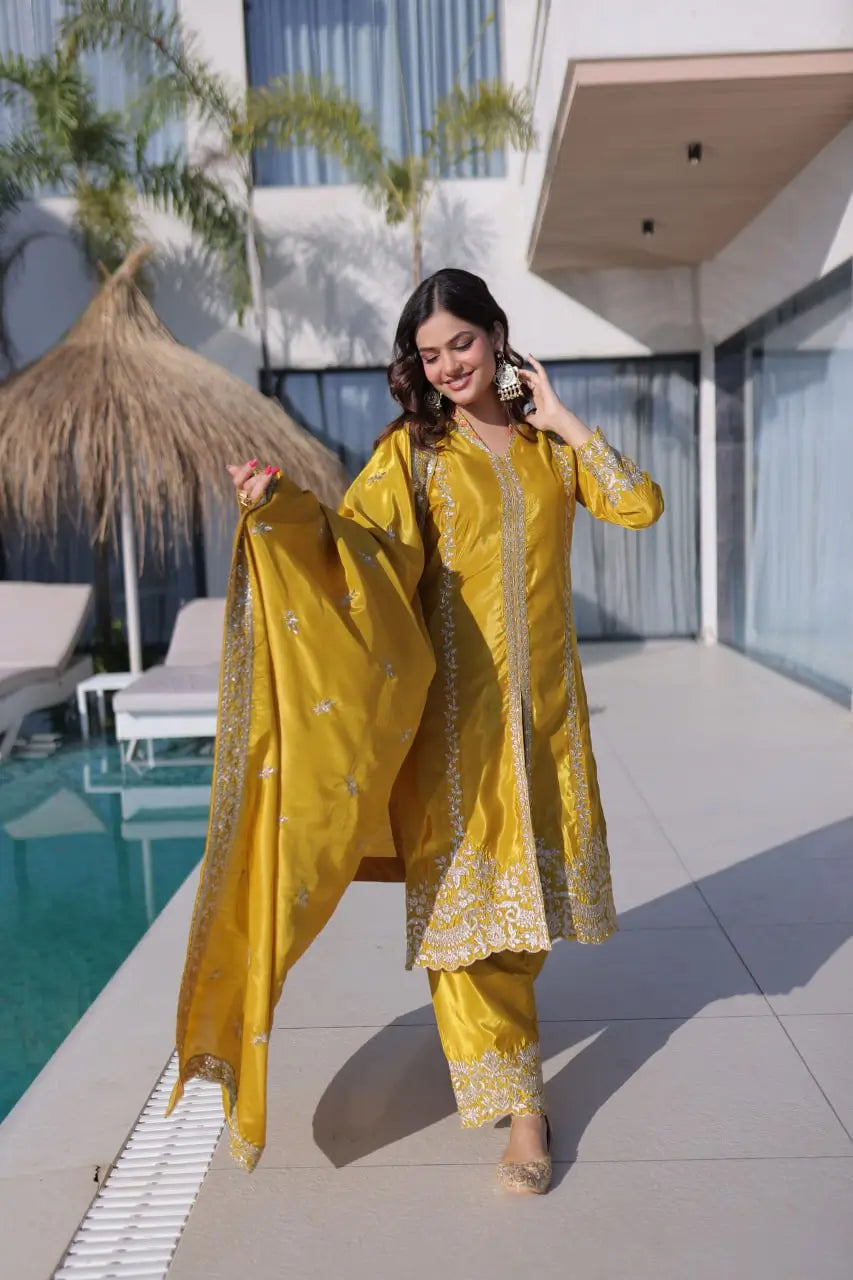Sunshine Yellow Zari Embroidered Kurti Pant Dupatta Set for Festive and Wedding Wear