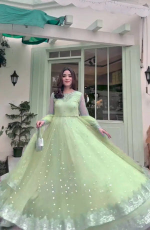 Embroidered Faux Georgette blue Gown Lehenga Dupatta Set