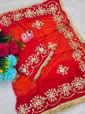 Pure Chiffon Kachhi Gota Patti Saree with Designer Lace for Festive and Wedding Wear