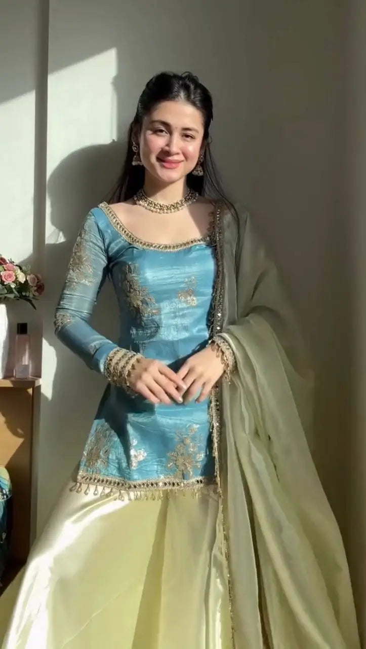 Premium Fendy Silk Palazzo Set with Mirror Work for Festive and Wedding Wear