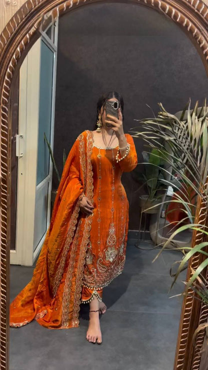 Rust Sequin Paisley Kurta Set