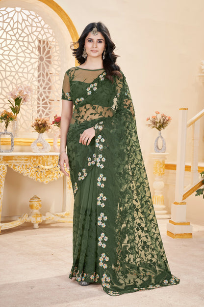Chain-Stitch Floral Net Saree