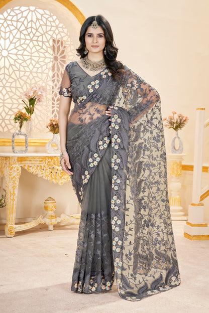 Chain-Stitch Floral Net Saree
