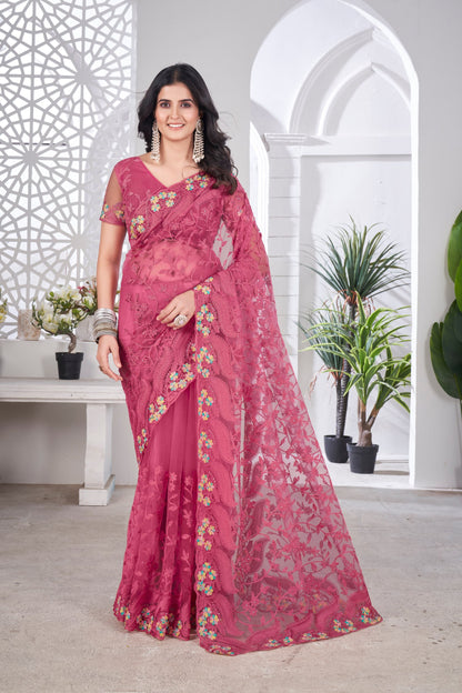 Chain-Stitch Floral Net Saree